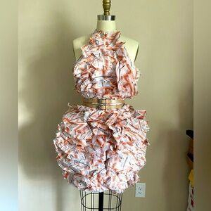 One-of-a-kind Ruffled Couture Coral and Gray Organza Cocktail Dress Size 0